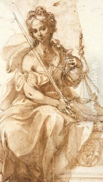 Seated Allegorical Figures Justice And Prudence Oil Painting by Sienese School