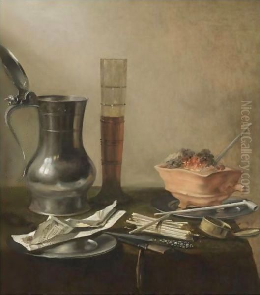 A Still Life Of A Pewter Flagon, A Tall Glass, A Chafing-Dish And Smokers' Requisites, All On A Draped Table Oil Painting by Pieter Claesz.