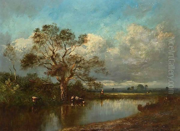Cows In A Landscape Oil Painting by Leon Victor Dupre