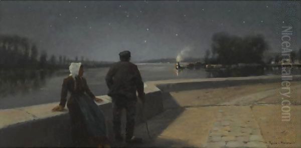 The Seine By Night Near Samois Oil Painting by Theodor von Hormann