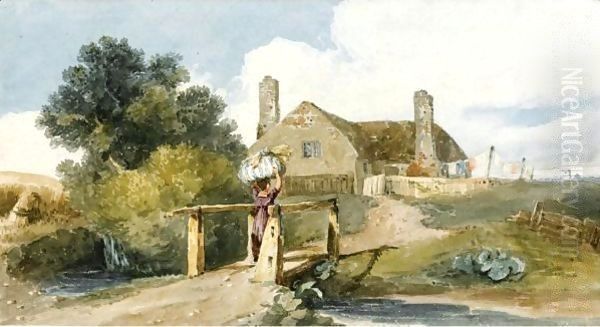 A Washerwoman Returning To A Cottage Oil Painting by David Cox
