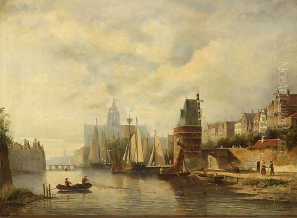 View On A Canal In A Dutch Town In Summer Oil Painting by Johannes Frederik Hulk, Snr.