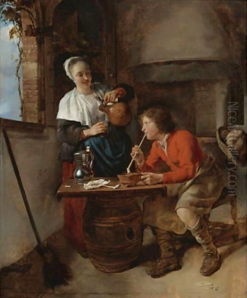 Young Woman Pouring Beer And A Young Man Smoking In An Interior Oil Painting by Gabriel Metsu
