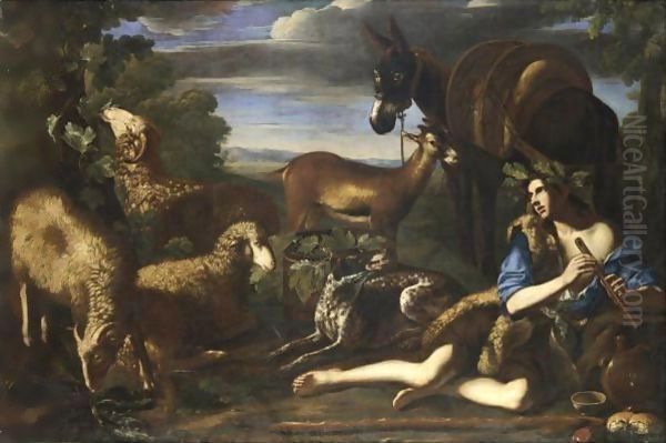 Un Pastore Che Riposa Vicino Al Suo Gregge, Con Un Cane E Un Asino Oil Painting by Tommaso Salini (Mao)