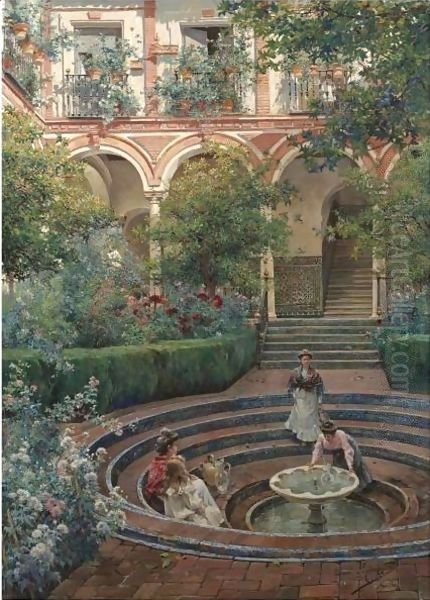 El Patio De La Villa (The Villa Garden) Oil Painting by Manuel Garcia y Rodriguez