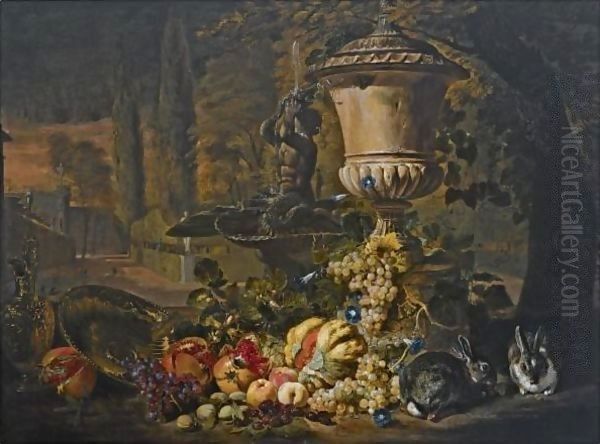 A Still Life Of Fruit, Including A Melon, Open Pomegranates And Grapes, An Ornamental Urn Oil Painting by David de Coninck