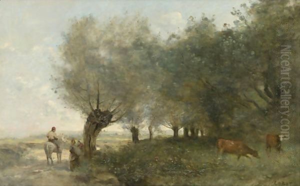 Les Saules A La Pointe De L'Ile Oil Painting by Jean-Baptiste-Camille Corot