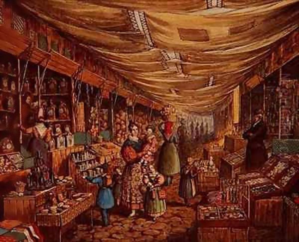 Scene in Frankfurt Fair. Part of the line of stalls extending along the River Mayn Oil Painting by Mary Ellen Best