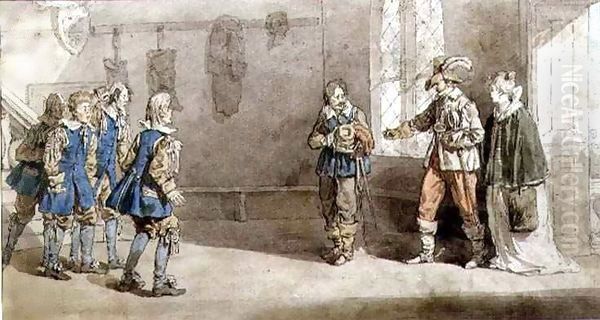 Petruchio, Katarina and servants in a scene from 'The Taming of the Shrew' Oil Painting by John Augustus Atkinson