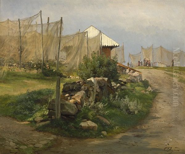 Fischerdorf Mit Aufgespannten Netzen Oil Painting by Carl Frederik Peder Aagaard