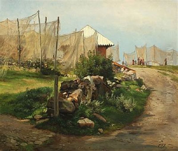 Scenery With Fishings Nets Drying In The Sunshine Oil Painting by Carl Frederik Peder Aagaard