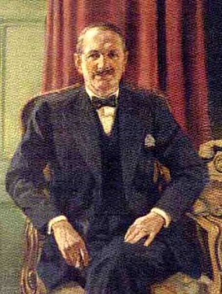 Portrait Of A Gentleman In A Pin-striped Suit, Holding A Cigar In His Right Hand, In An Interior Oil Painting by Salomon Van Abbe