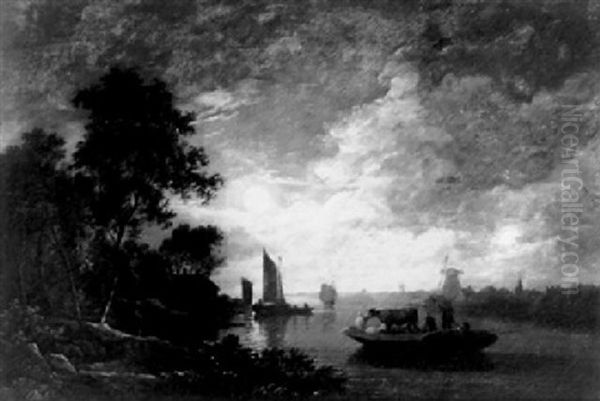 Ships On A Moonlit River Oil Painting by Jacobus Theodorus Abels