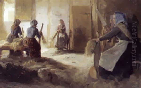 Kvinde Der Skaetter Hor I En Lade. Sollys Oil Painting by Georg Nicolaj Achen