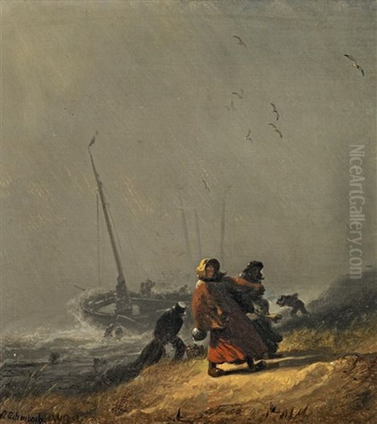 Anlanden Bei Sturmischem Wetter Oil Painting by Andreas Achenbach