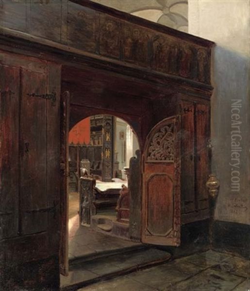 A Church Interior (collab. W/hubert Salentin) Oil Painting by Andreas Achenbach
