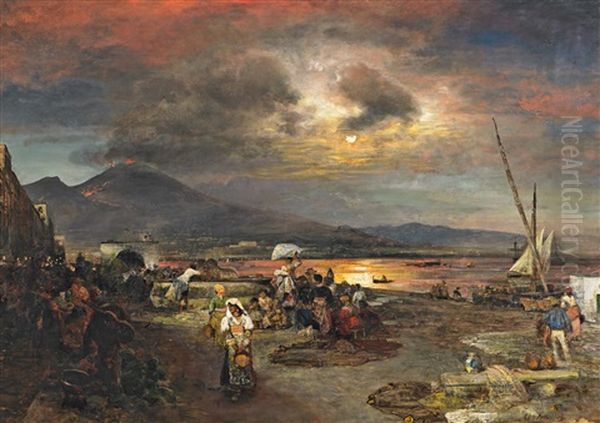 Nachtlicher Markt Am Strand Vor Neapel Oil Painting by Oswald Achenbach