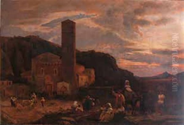 Paesaggio Con Chiesa E Viandanti In Abiti Tradizionali Oil Painting by Oswald Achenbach