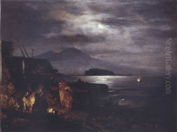 Mondnacht Am Golf Von Neapel Oil Painting by Oswald Achenbach
