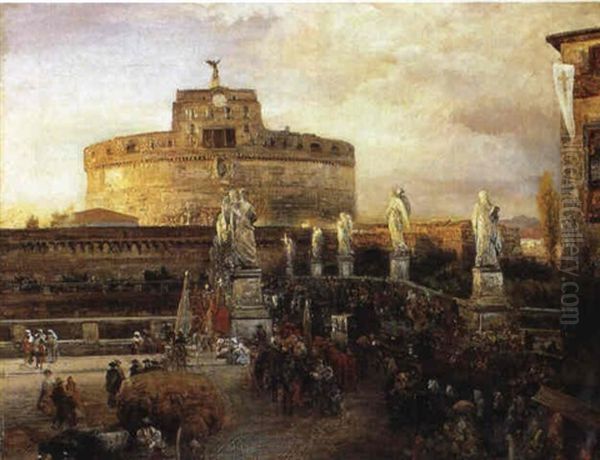 Abendliche Prozession Vor Der Engelsburg Oil Painting by Oswald Achenbach