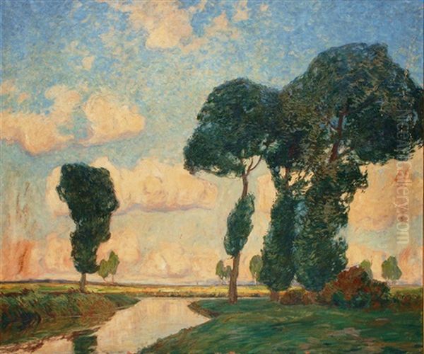Riverside Landscape Oil Painting by Otto Ackermann