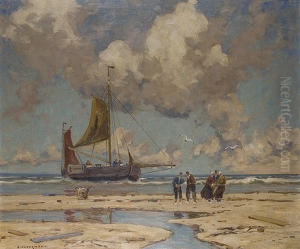 Fisher At The Boats Oil Painting by Otto Ackermann