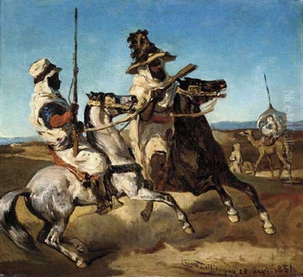 Arab Horsemen Oil Painting by Cesare Felix Georges dell' Acqua