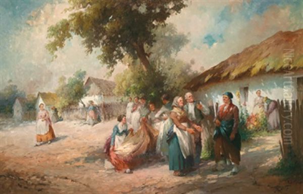Tratsch Im Dorf Oil Painting by Agoston Acs