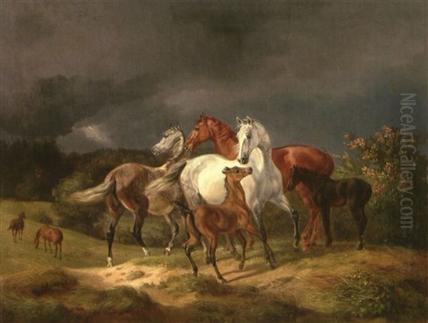 Pferde Auf Der Weide Bei Gewitter Oil Painting by Albrecht Adam