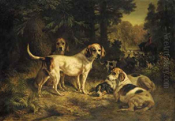 Hounds Resting In A Woodland Clearing With A Huntsman Beyond Oil Painting by Benno Raffael Adam