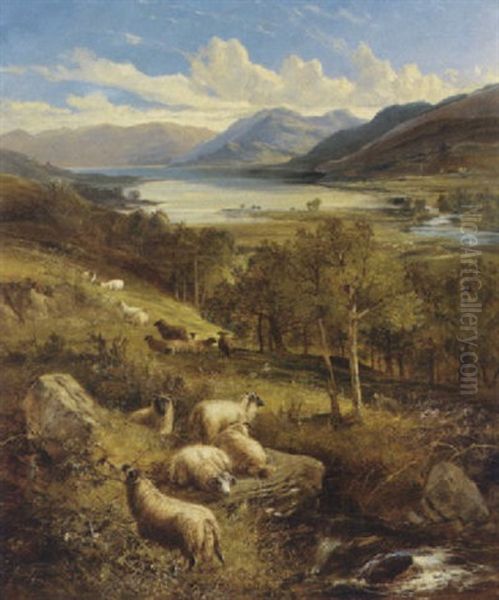 Sheep By A Burn In A Highland Landscape Oil Painting by Joseph Denovan Adam