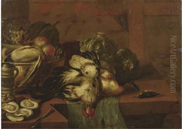 Vegetables, A Hare, A Pheasant, Fruit, And Glass And Silverware On A Draped Table (+ Oysters, A Beer Jug, A Copper Bowl With Fruit, Game And Poultry On A Partially Draped Wooden Table; Pair) Oil Painting by Alexander Adriaenssen the Elder