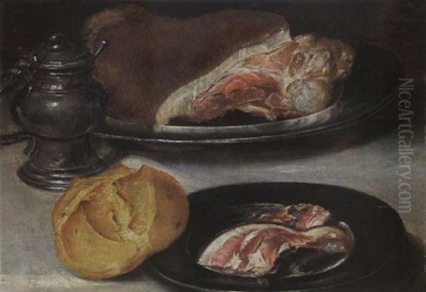 A Still Life With Ham On Pewter Plates, A Un And A Sugar Jar, All On A Table Covered With A White Cloth Oil Painting by Alexander Adriaenssen the Elder