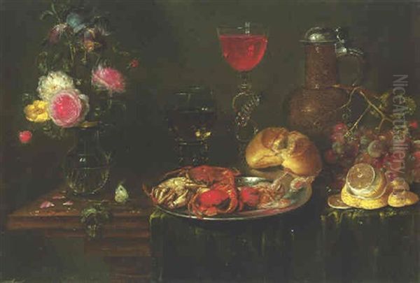 Still Life With Crabs, Flowers In A Vase, Fruit And Bread Oil Painting by Alexander Adriaenssen