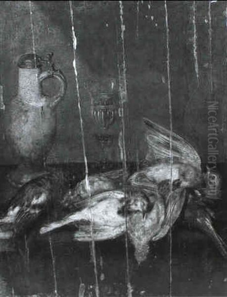 A Still Life With Dead Birds On A Table Draped With A Blue  Cloth Beside A Stoneware Flagon And A Glass Oil Painting by Alexander Adriaenssen the Elder