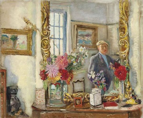 Interieur Avec Autoportrait Oil Painting by Lucien Adrion