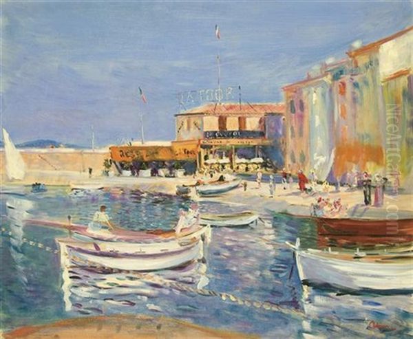 Boats In A Harbor, France Oil Painting by Lucien Adrion