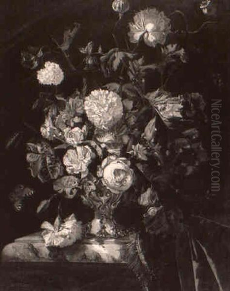 Still Life With Primroses, Morning Glory And Butterfly On A Marble Table Oil Painting by Willem Van Aelst