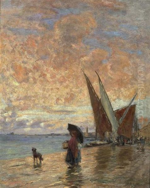 Kustenpromenade Mit Spazierender Dame Mit Kind Und Hund Oil Painting by Franz Theodor Aerni