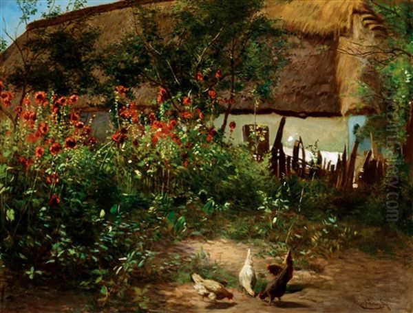 Flowery Courtyard Oil Painting by Gyula Agghazy