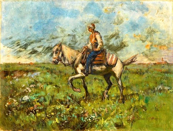 Horse And Cavalier Oil Painting by Tadeusz Ajdukiewicz