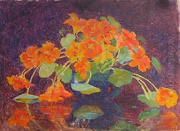 Nasturtiums In A Blue Bowl Oil Painting by Henry James Albright