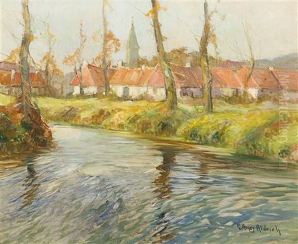 Normandy River Scene Oil Painting by George Ames Aldrich