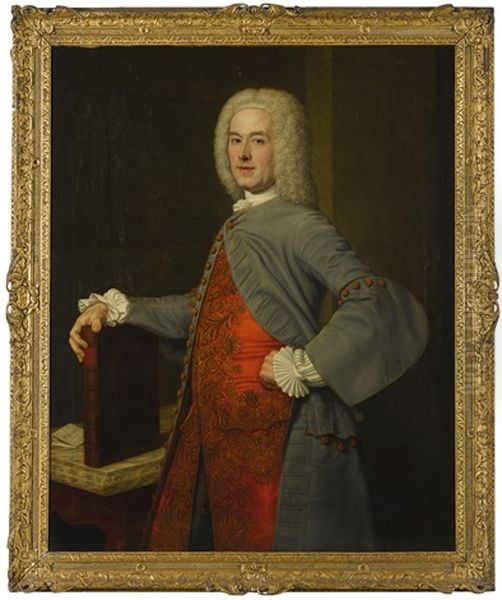 Portrait Of John Belsches Of Invermay, Three-quarter-length, Standing In An Interior, Wearing A Grey Coat Over A Richly Embroidered Red Waistcoat, Resting His Right Hand On A Book Oil Painting by John Alexander