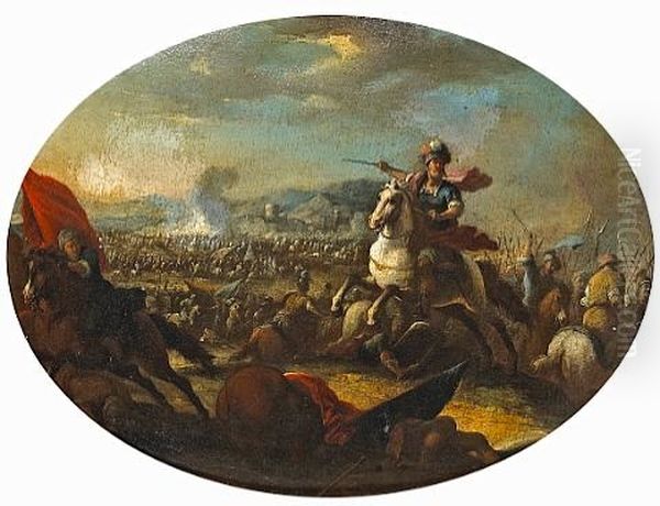 A Battle Scene With A Mounted Warrior In The Foreground Oil Painting by Francesco (da Gubbio) Allegrini
