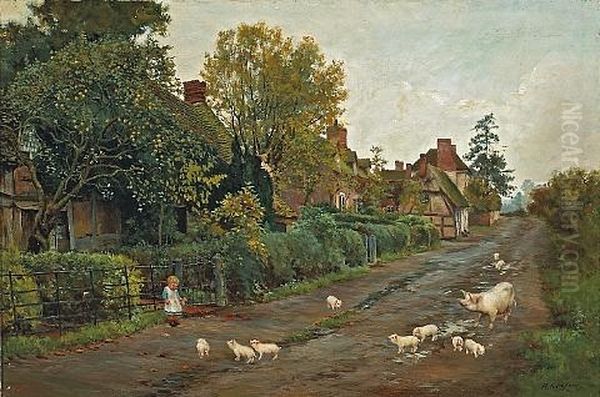 A Sow And Her Piglets Outside A Row Of Cottages With A Small Child Looking On Oil Painting by Helen Allingham