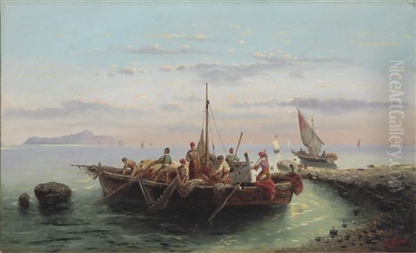 Fischerboote An Der Kuste Vor Capri Oil Painting by Robert Alott