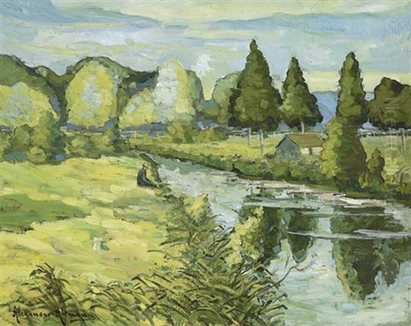 Pecheur Au Bord Du Canal Oil Painting by Alexandre Altmann