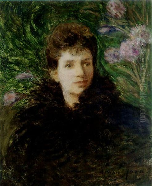 Jeune Femme Aux Fleurs Violettes Oil Painting by Edmond Francois Aman-Jean