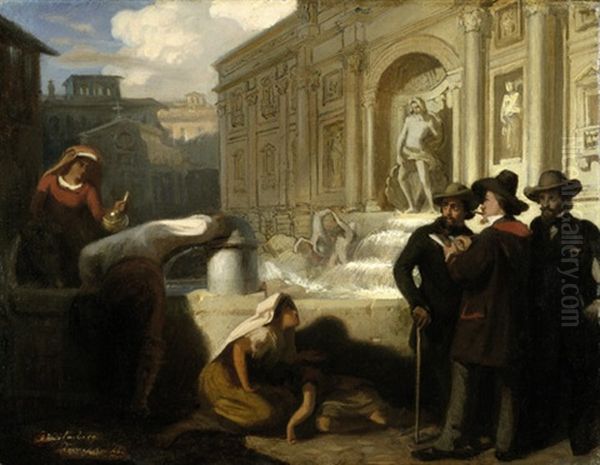 Selbstbildnis Mit Kunstlerfreunden An Der Fontana Di Trevi In Rom Oil Painting by Wilhelm August Lebrecht Amberg